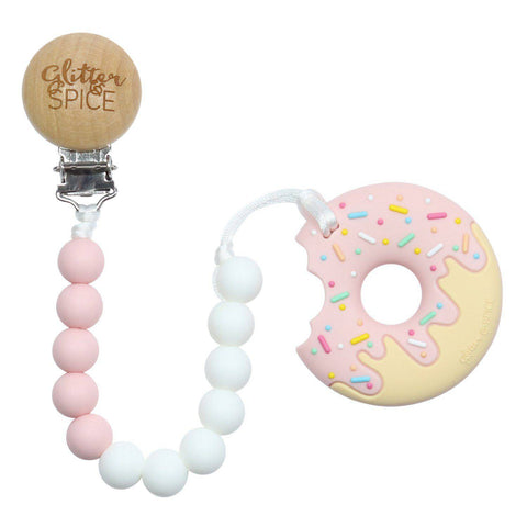Silicone Teether with Clip - Strawberry Donut