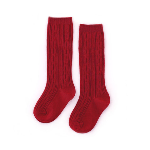 Cable Knit Knee High Socks - Cherry Red