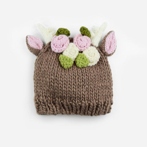 Hartley Deer Knit Hat - Tan Flowers